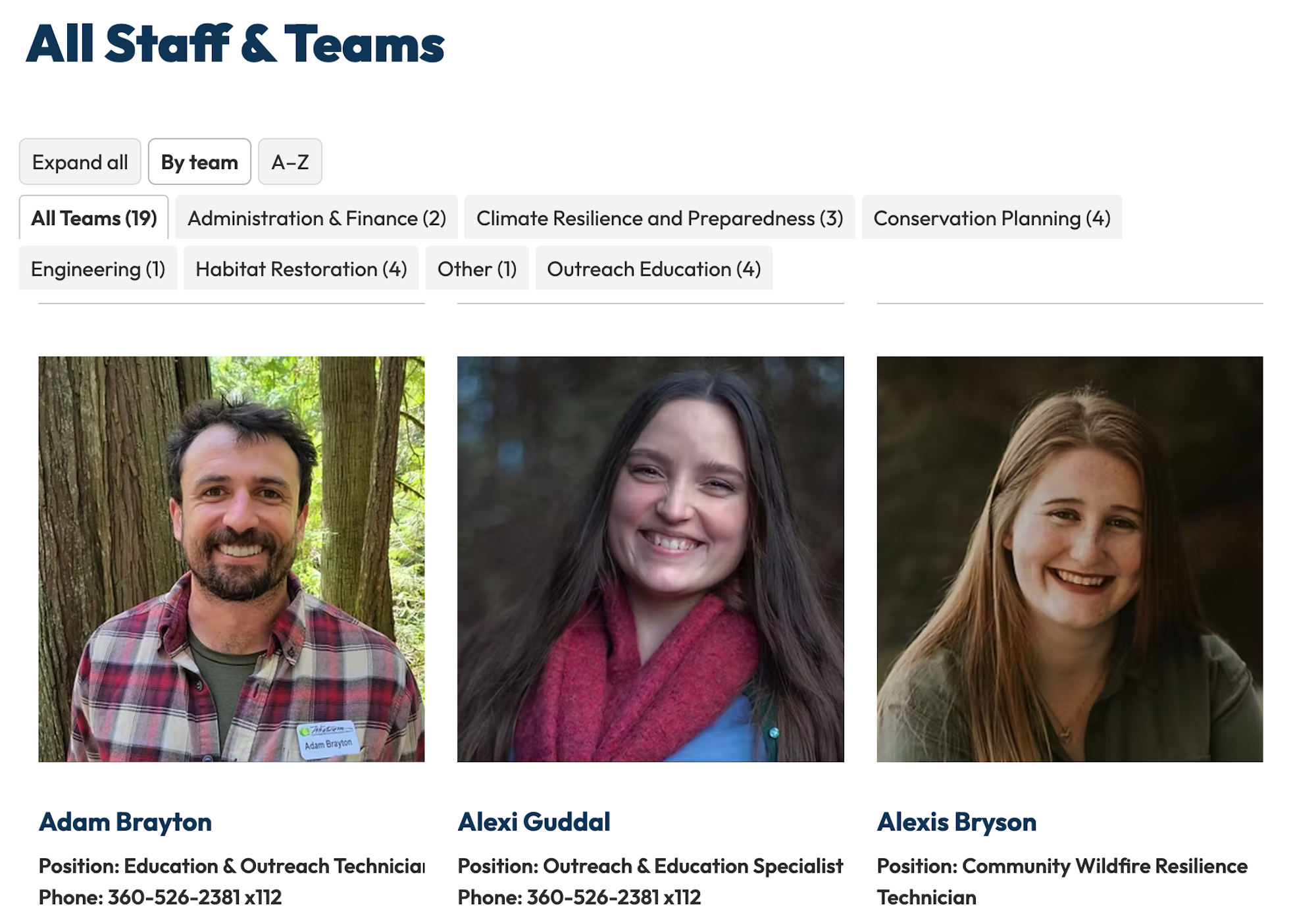 Staff directory with photos and contact info for three team members: Adam Brayton, Alexi Guddal, Alexis Bryson.