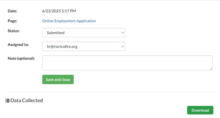 Online employment application status: Submitted. Assigned to: hr@rioricofire.org. Option to add a note, save, or download.