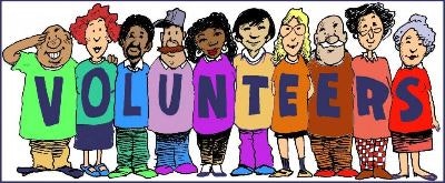 Cartoon of diverse people standing together with "VOLUNTEERS" written across their shirts.