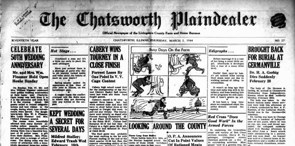 Historic newspaper "The Chatsworth Plaindealer" with headlines about a wedding anniversary, basketball tournament, and obituary.