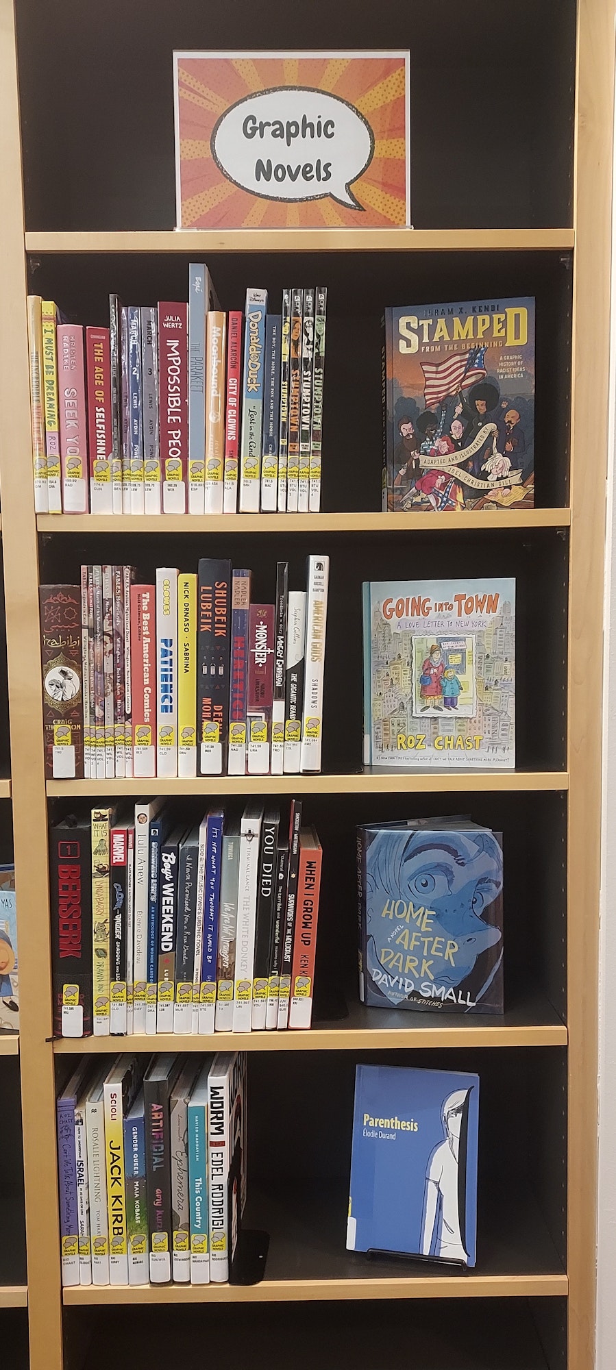 A shelf labeled "Graphic Novels" with various titles displayed, including "Stamped," "Going Into Town," and "Home After Dark."