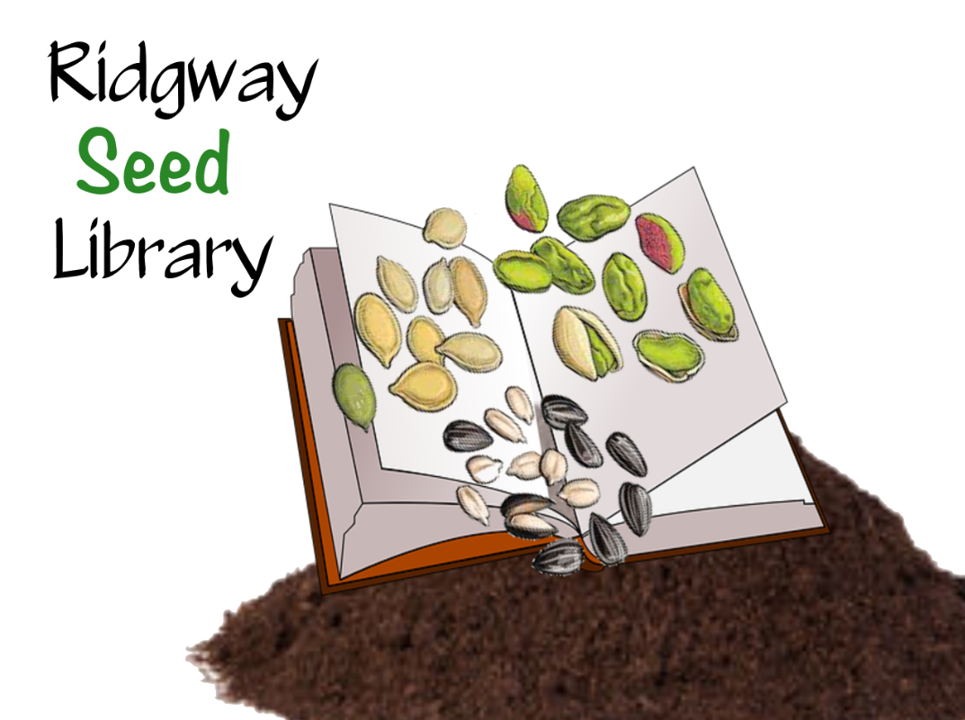 Illustration of an open book with seeds on pages, titled "Ridgway Seed Library".