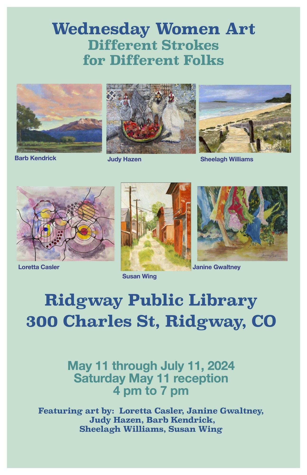 Art exhibit flyer for "Wednesday Women Art - Different Strokes for Different Folks" at Ridgway Public Library, with sample artworks.