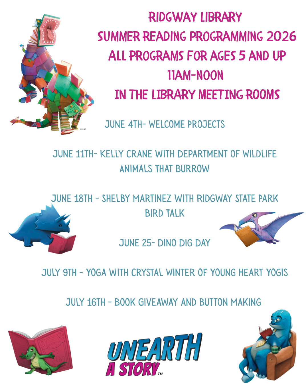 Ridgway Library's Summer Reading 2026 has events for ages 5+, featuring wildlife, yoga, and a book giveaway.