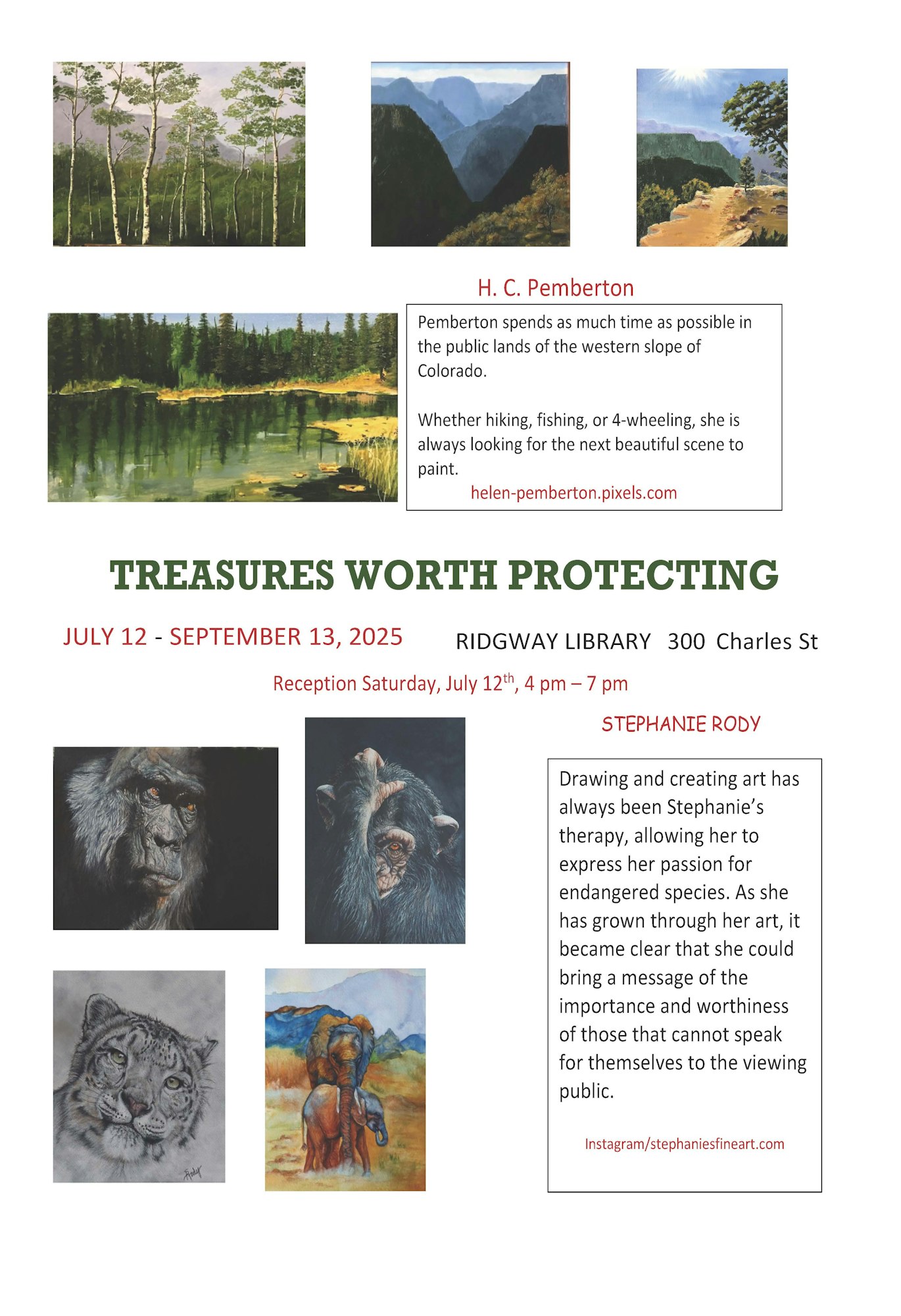 Art exhibit "Treasures Worth Protecting" featuring H.C. Pemberton and Stephanie Rody at Ridgway Library, July 12-Sept 13, 2025. Opening reception July 12, 4PM - 7PM