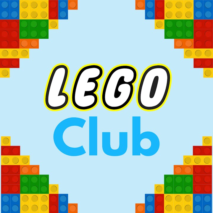 "Lego Club" text framed by colorful Lego block patterns on a light blue background.
