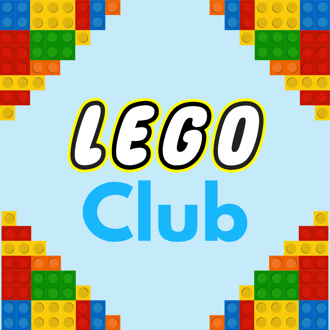 "Lego Club" text framed by colorful Lego block patterns on a light blue background.