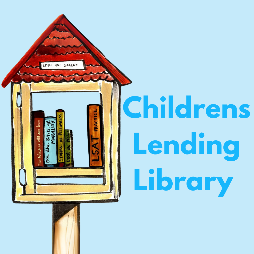 A "Little Free Library" with a red roof, filled with books, next to "Children's Lending Library" text on a blue background.