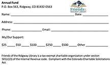 Charitable donation form for Friends of the Ridgway Library, with fields for personal info and donation amounts.