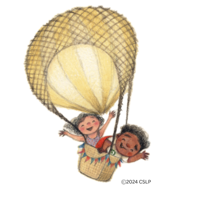 Two happy children in a hot air balloon.