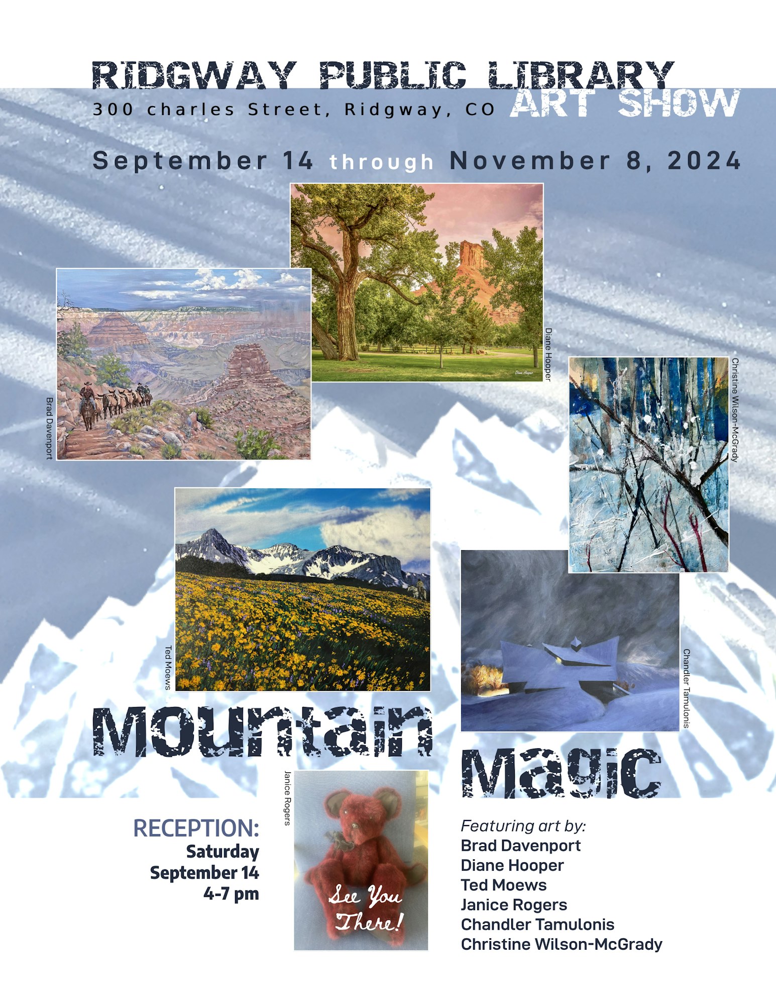 Poster for "Mountain Magic" art show at Ridgway Public Library, Sept 14 - Nov 8, 2024, with reception on Sept 14 at 4-7pm. Various artists and imagery.