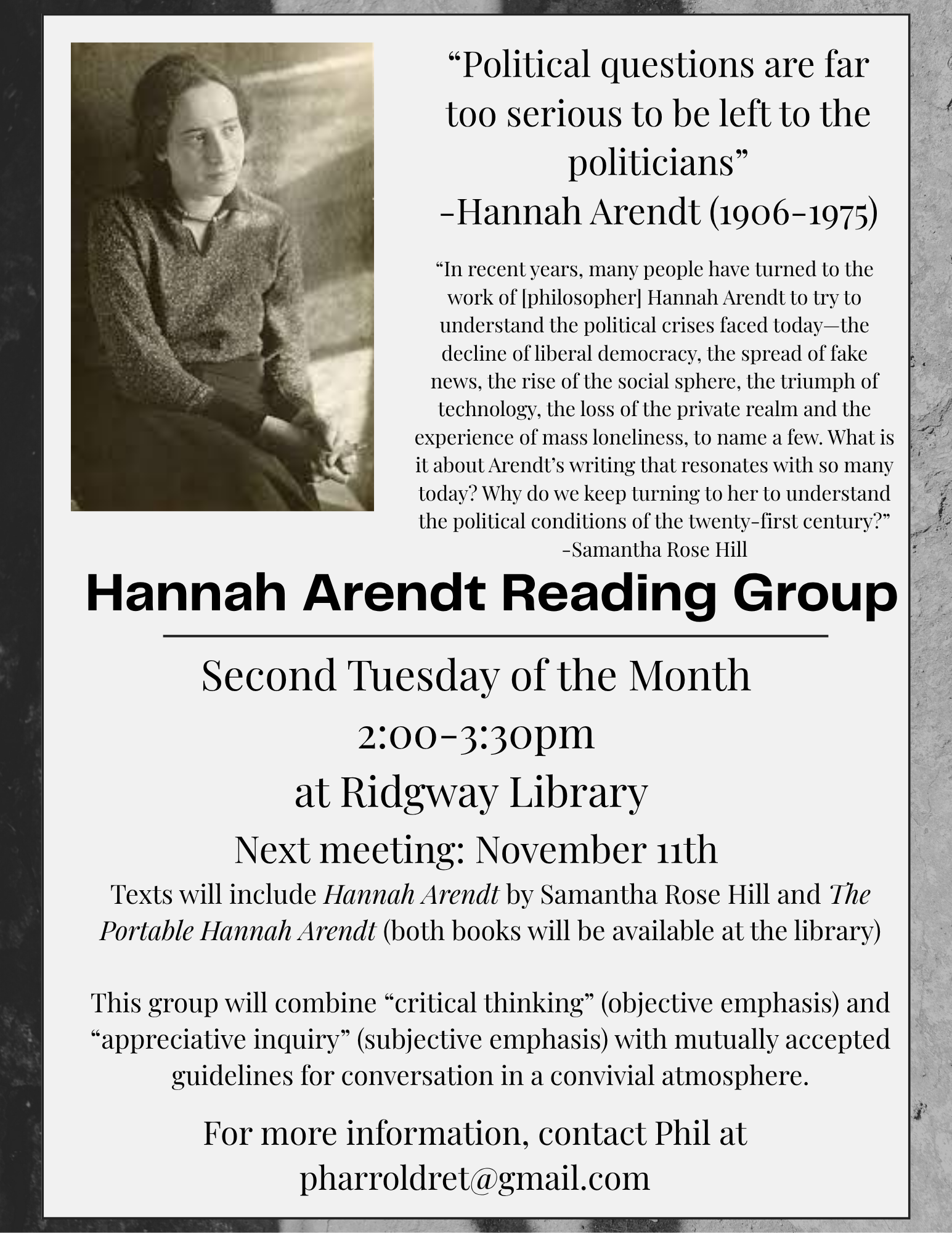 Hannah Arendt Reading Group flyer; quote, meeting details, next: November 11, book info, and contact.