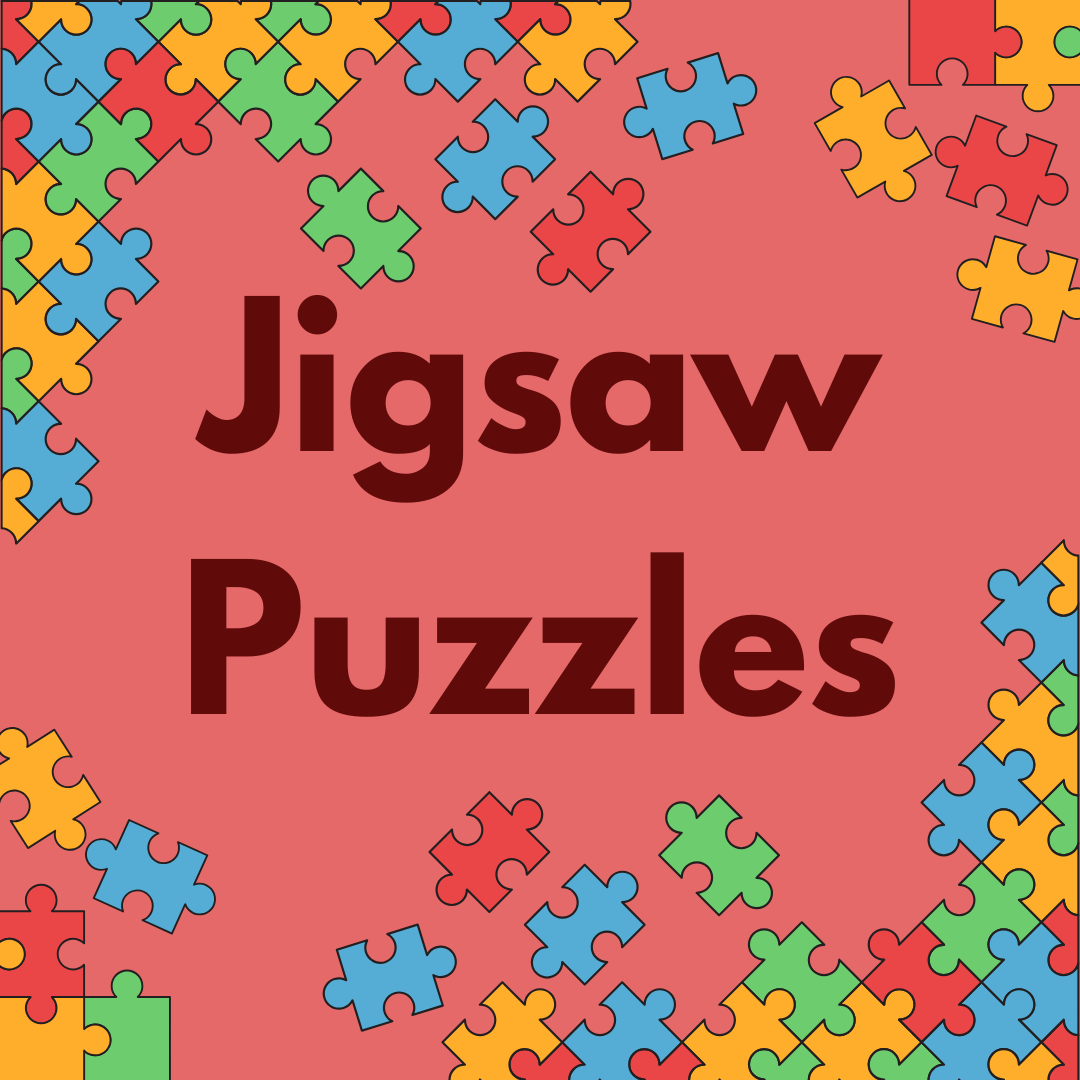 Colorful jigsaw puzzle pieces framing the words "Jigsaw Puzzles" on a red background.