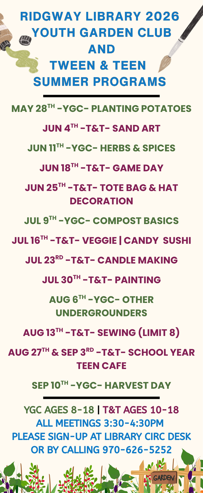 Ridgway Library's Youth Garden Club and Tween & Teen summer programs, featuring various activities on Thursdays from May to September 2026.