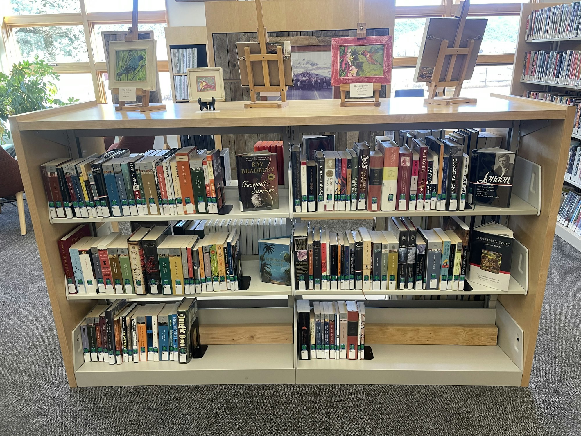 Photo of one side of Classics shelf at library, fiction books on shelf. Artwork atop shelf.