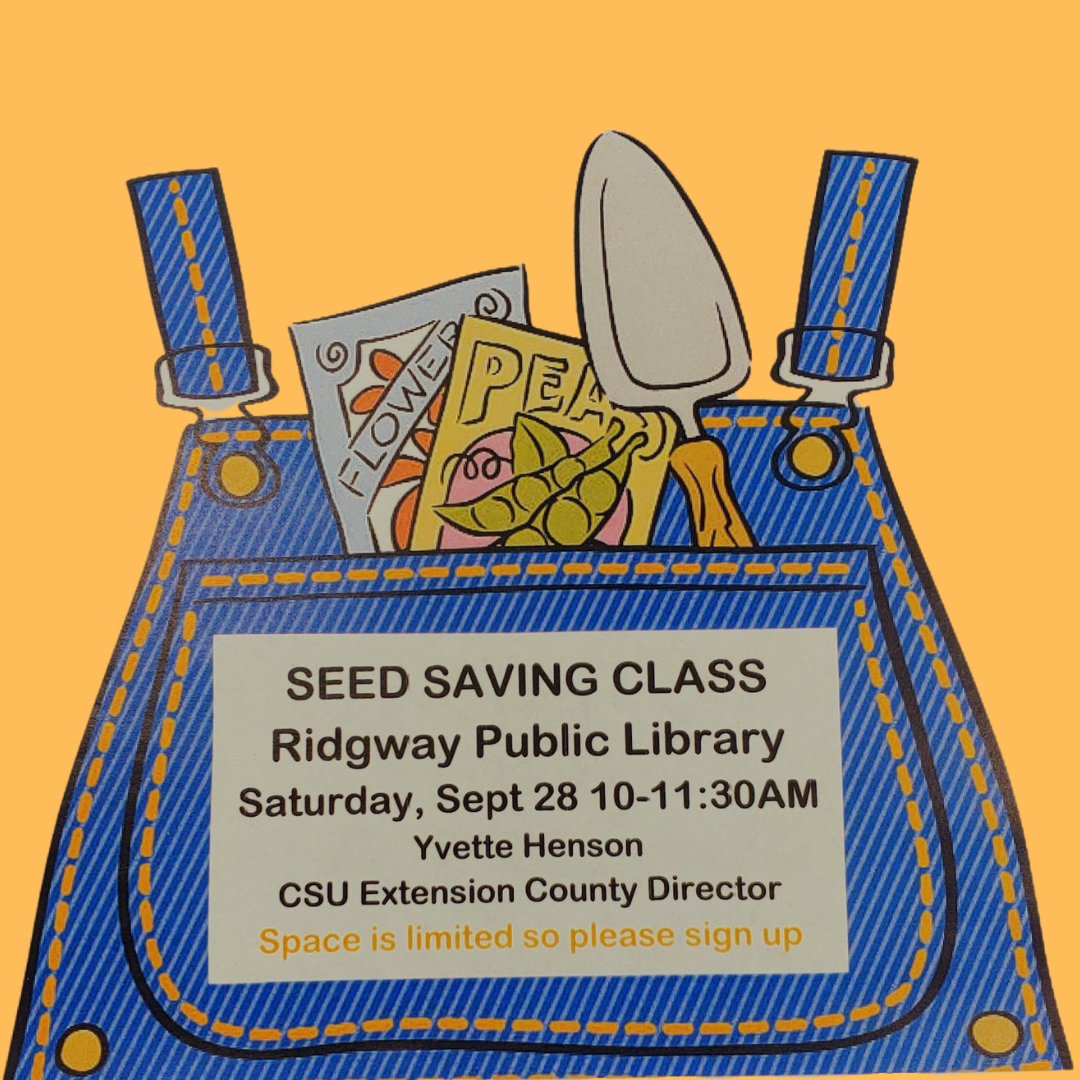 Illustration of overalls with a seed saving class flyer in the pocket.