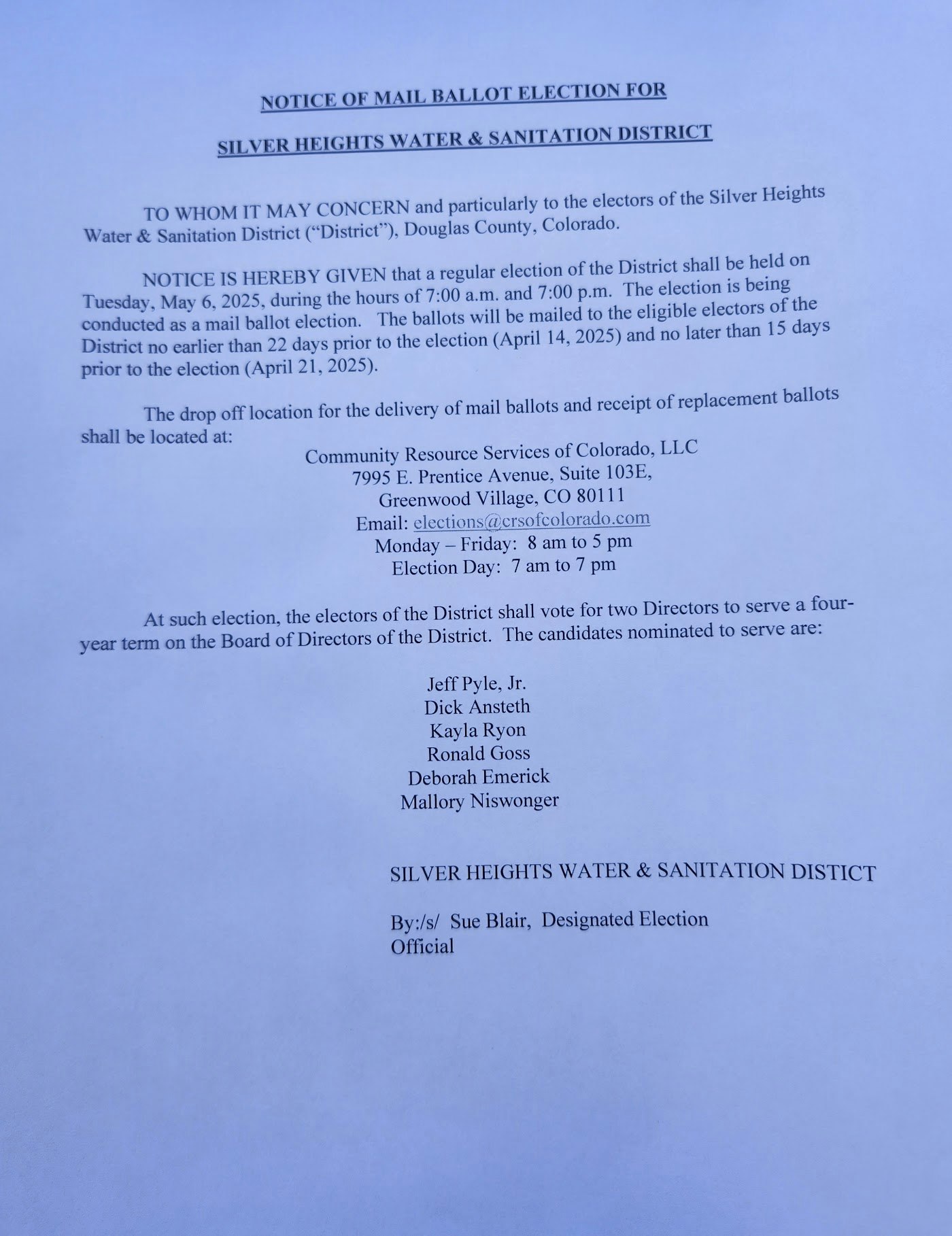 Mail ballot notice for Silver Heights Water & Sanitation District election on May 6, 2025. Lists candidates and ballot details.
