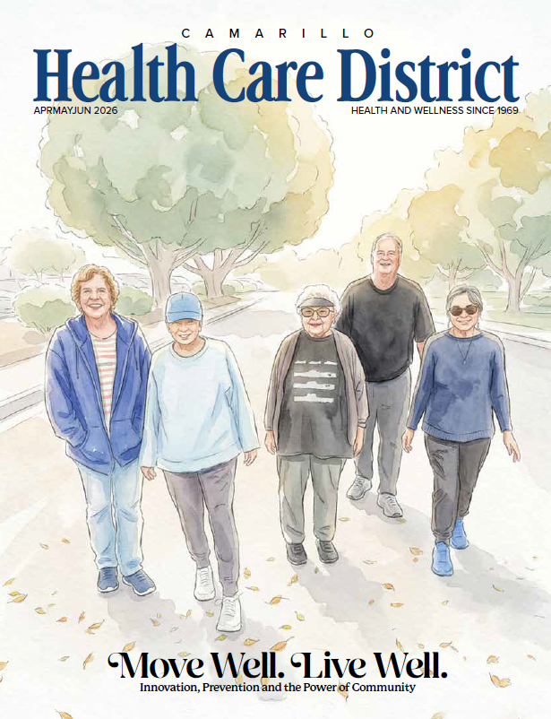 A magazine cover for Camarillo Health Care District featuring a diverse group of people walking, promoting health and wellness.