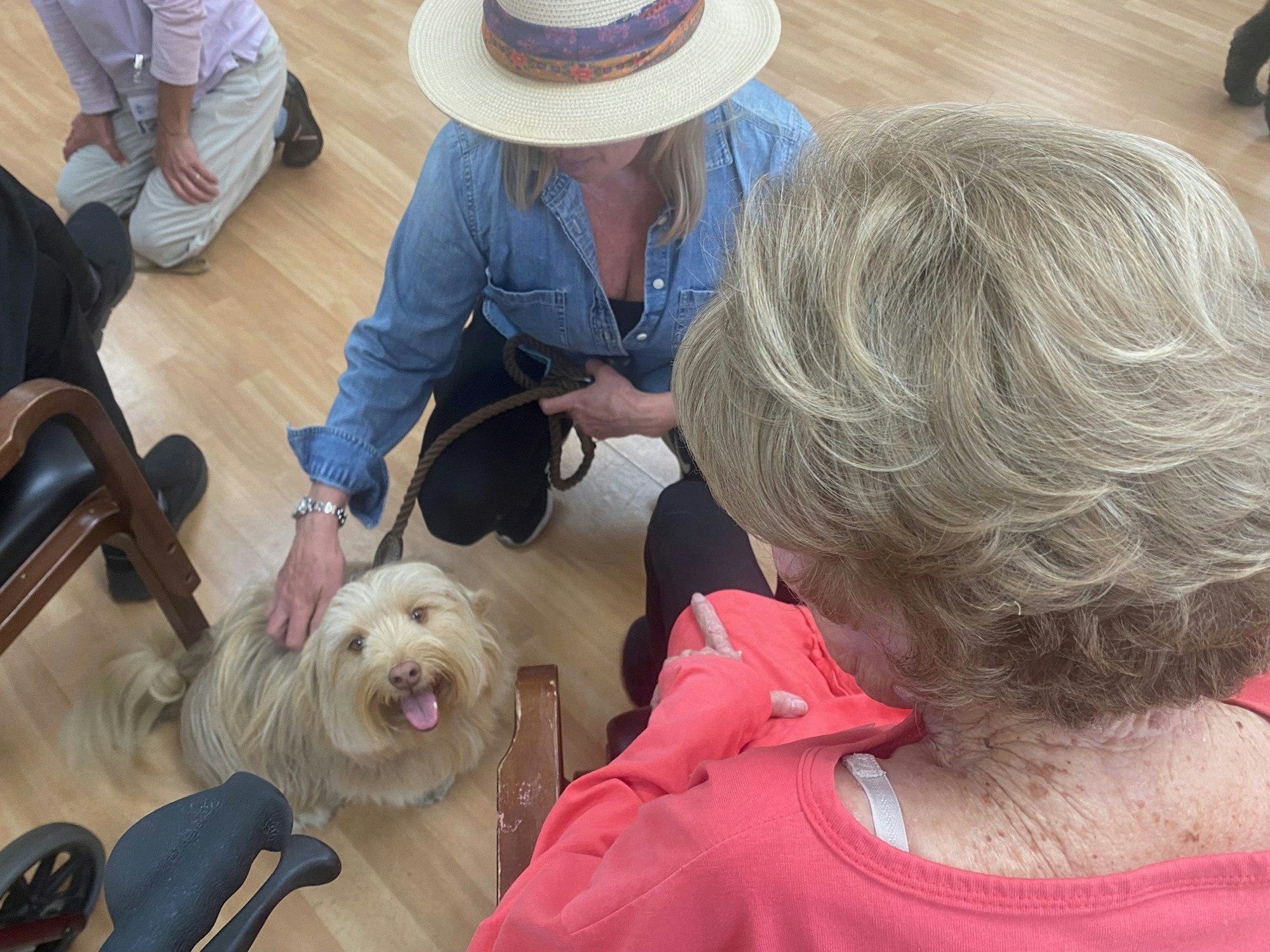 May contain: adult, female, person, woman, clothing, hat, face, head, photography, portrait, sun hat, animal, canine, dog, mammal, pet, footwear, shoe, glove, and puppy