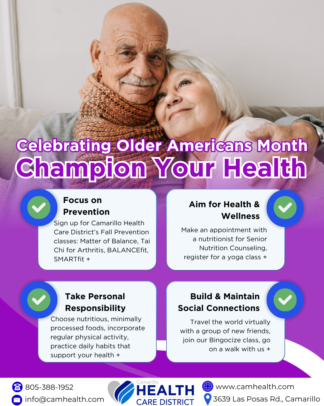 Celebrating Older Americans Month with tips on health, wellness, social connections, and prevention. Join Camarillo Health Care!