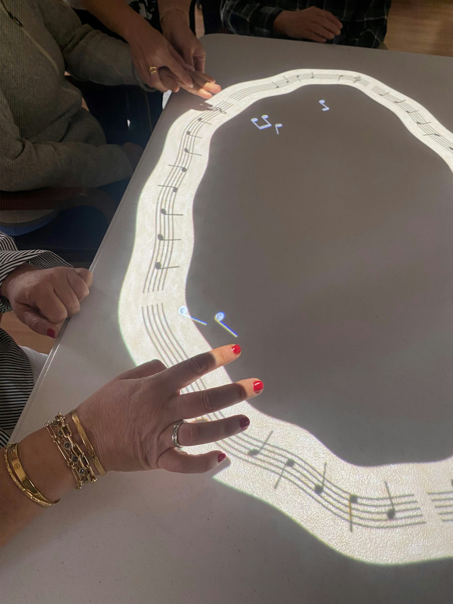 Hands around a table with a projected interactive music game or tool.