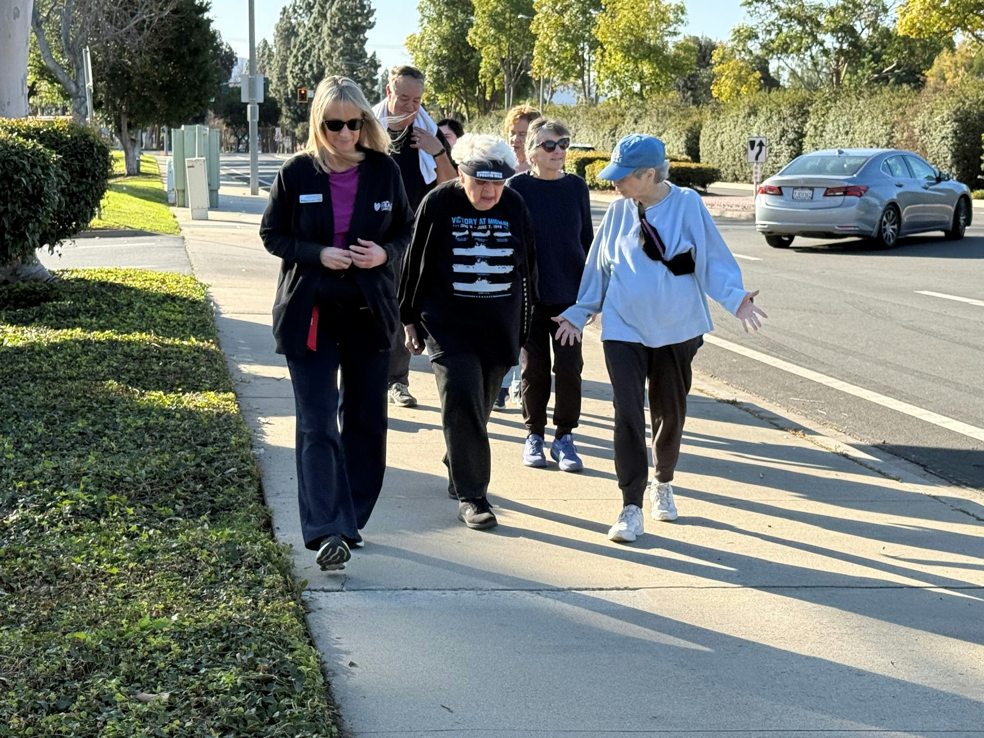 A group of people walking together on a sidewalk, engaged in conversation, with greenery and cars in the background.