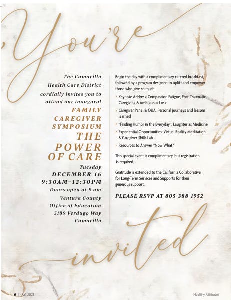 Invitation to the Family Caregiver Symposium, "The Power of Care," on Dec 16, 9:30AM-12:30PM, Ventura County Office, Camarillo. RSVP required.
