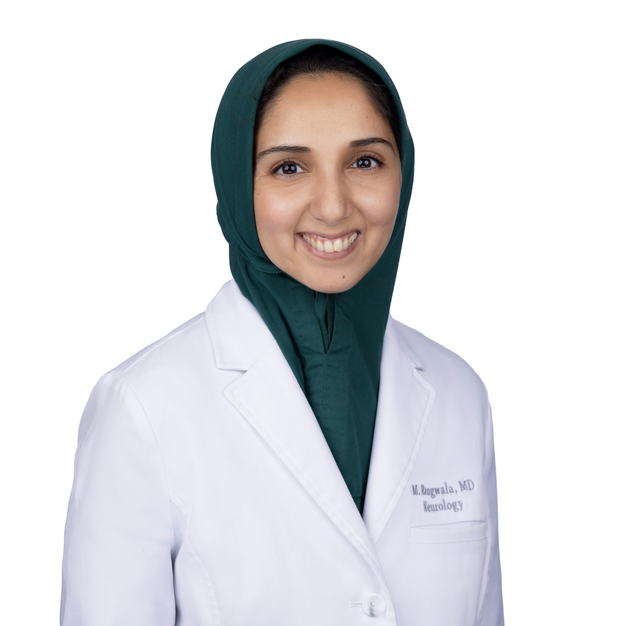 The image shows a smiling woman wearing a white lab coat and a green headscarf, likely a medical professional in neurology.