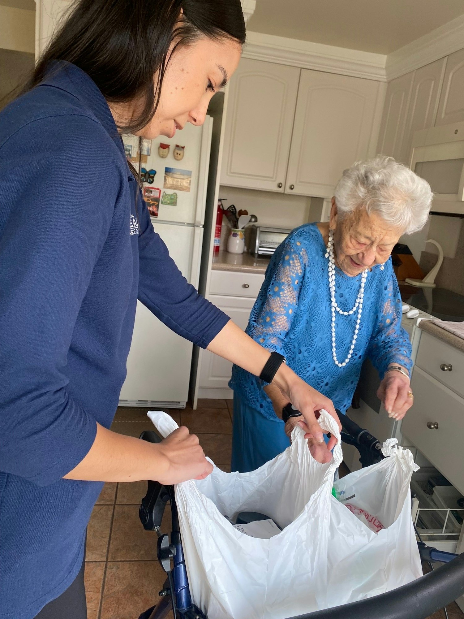 Two individuals in a kitchen: a younger woman assisting an older woman with a walker and a shopping bag.