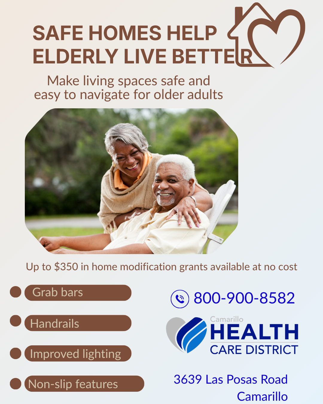 The image promotes home safety modifications for the elderly, offering grants up to $350 for grab bars, handrails, and more.
