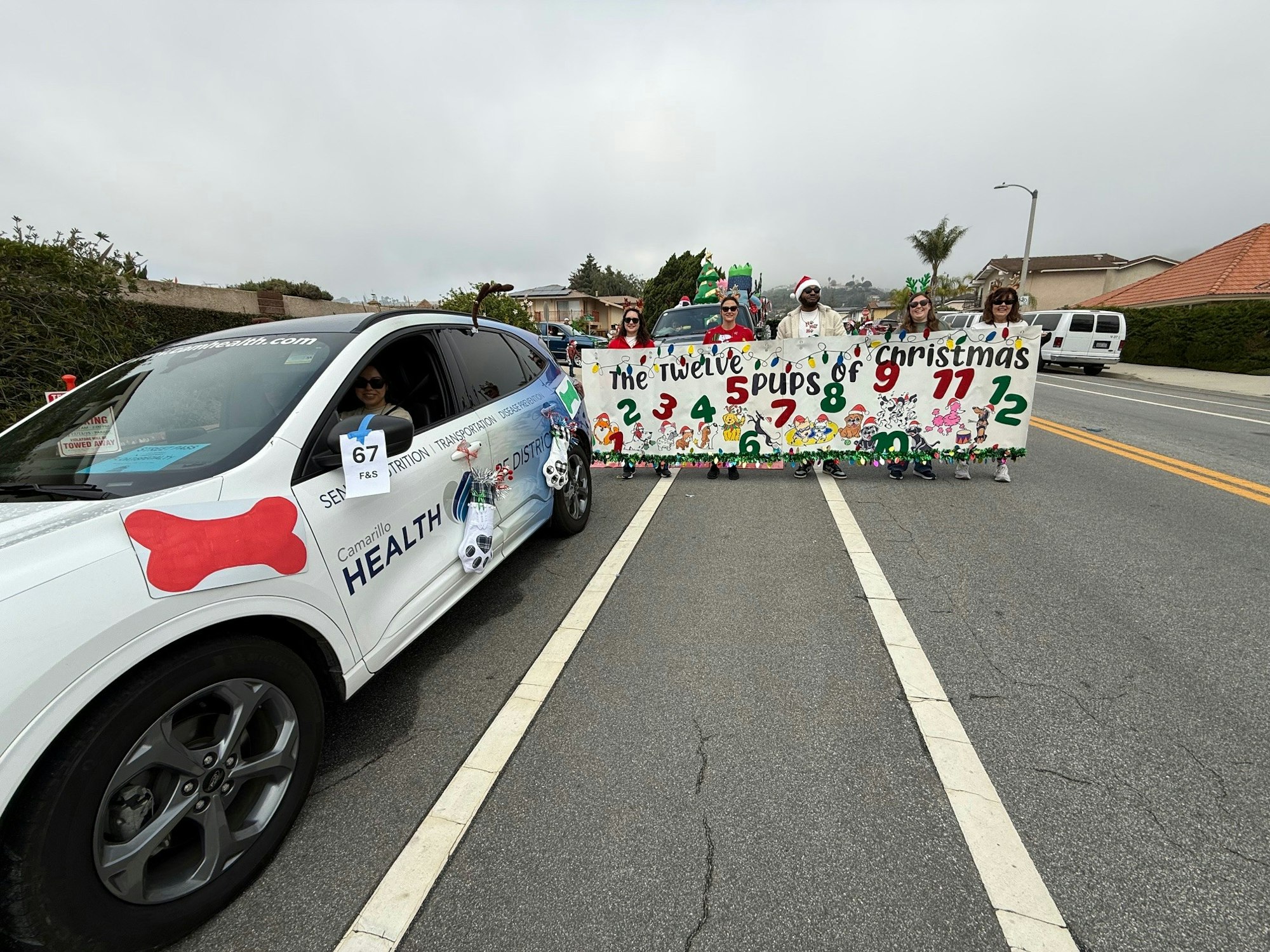 A festive parade scene with a decorated car and people holding a colorful sign for "The Twelve Pups of Christmas."