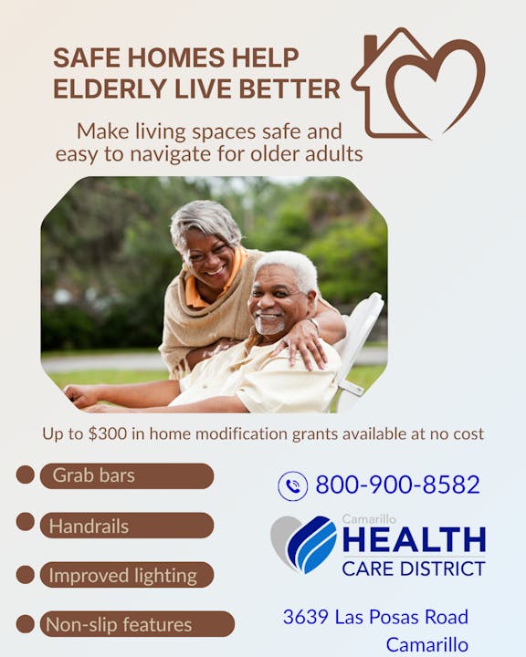 The image promotes home safety for elderly, offering grants for modifications like grab bars and improved lighting. Contact info included.