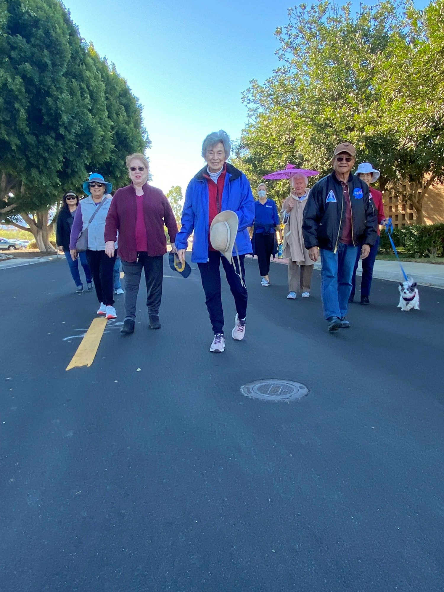 May contain: walking, person, people, teen, boy, male, coat, clothing, handbag, bag, accessories, jeans, pants, man, adult, jacket, dog, pet, mammal, canine, animal, shoe, and footwear
