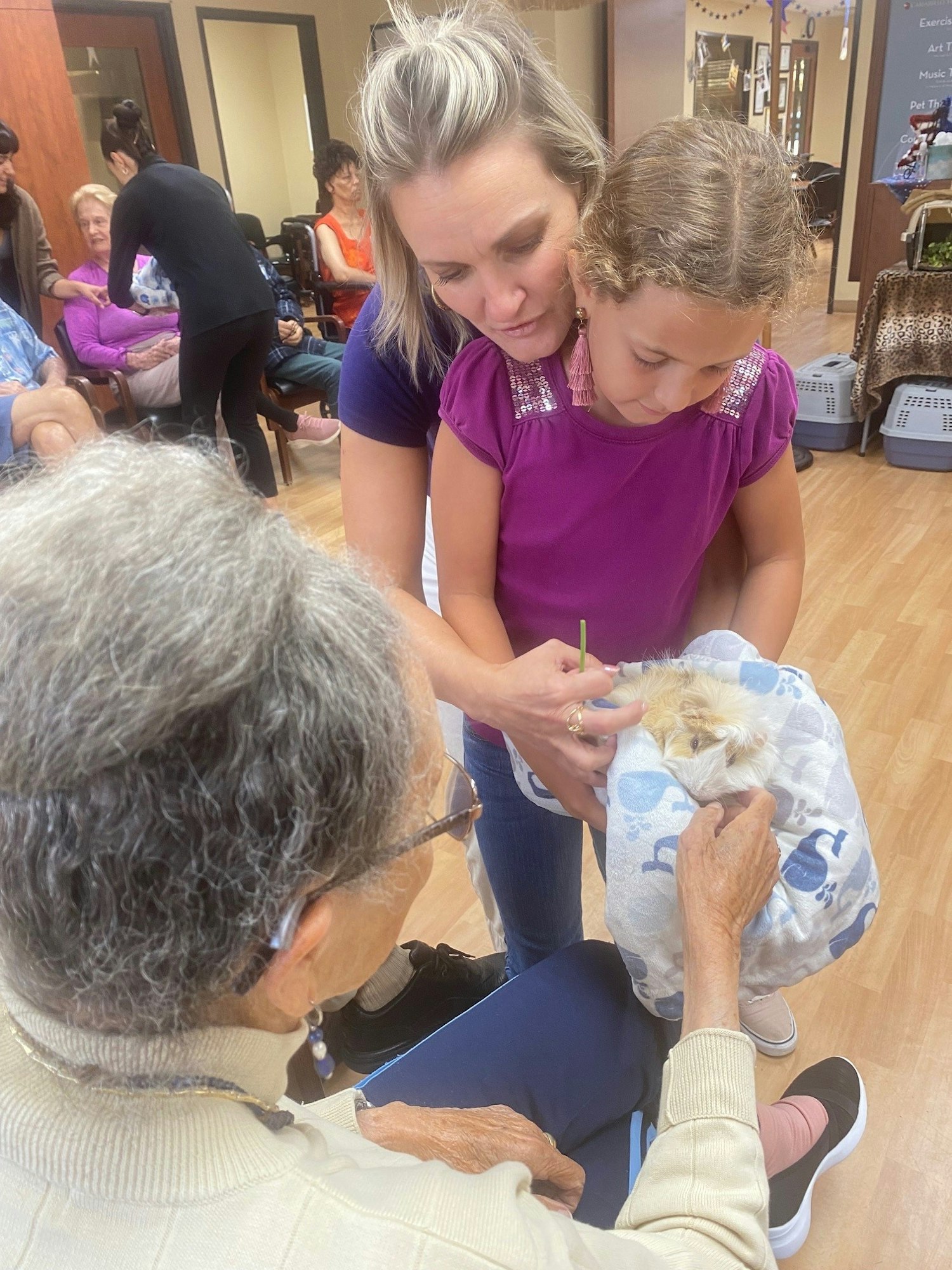 An elderly person, an adult, and a child interact with a guinea pig held in a blanket.