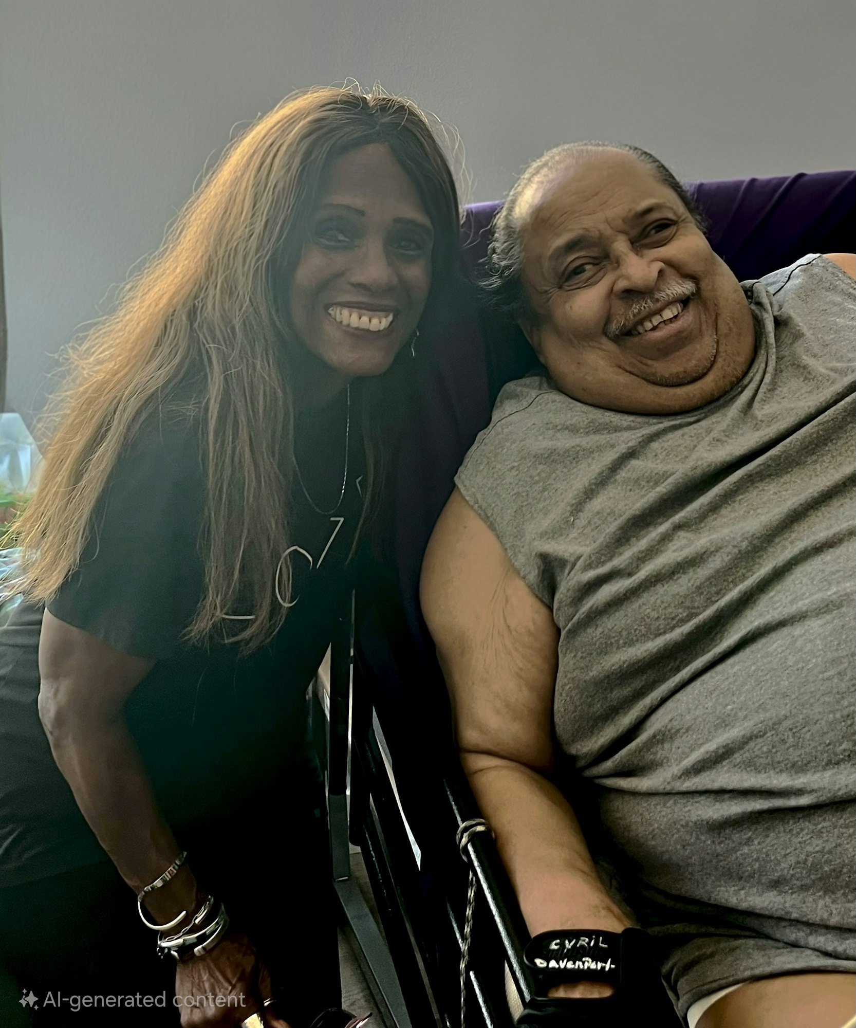 A smiling woman and man, with the man seated. The woman has long hair and the man is in casual clothing.