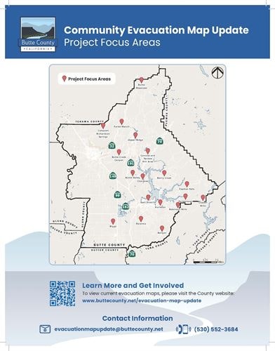 Evacuation map update for Butte County, showing project focus areas, contact info, and a web link for more details.