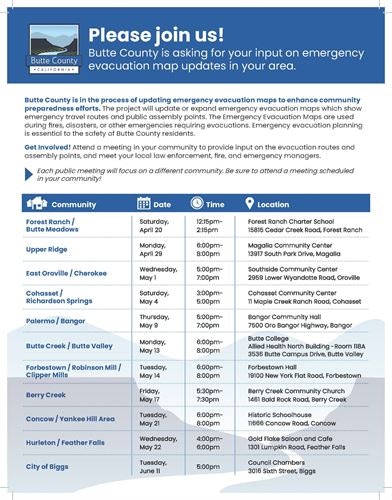 Butte County invites input on evacuation map updates; lists community meetings with dates, times, and locations.