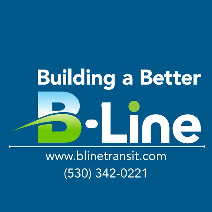 B-Line logo with text "Building a Better B-Line," website blinetransit.com, and phone number (530) 342-0221.