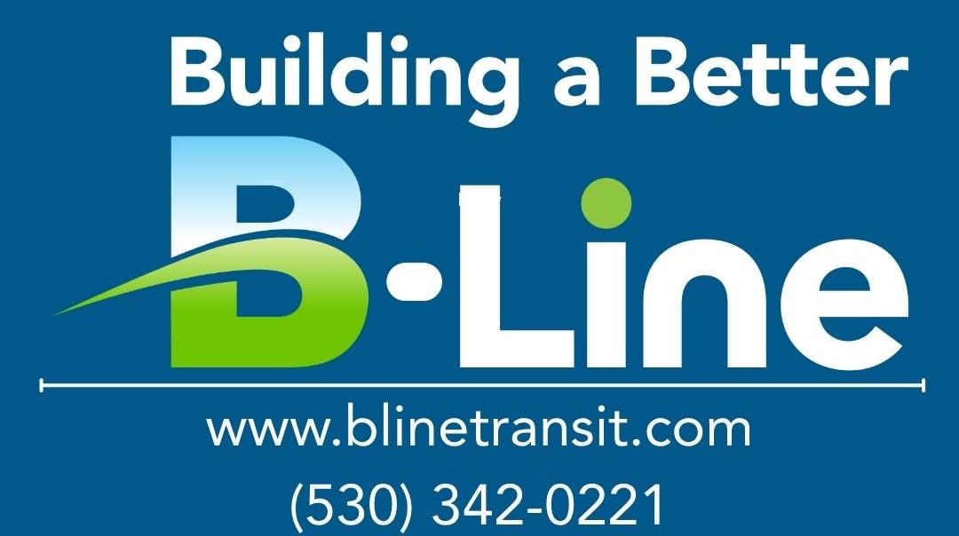 B-Line logo with text "Building a Better B-Line," website blinetransit.com, and phone number (530) 342-0221.
