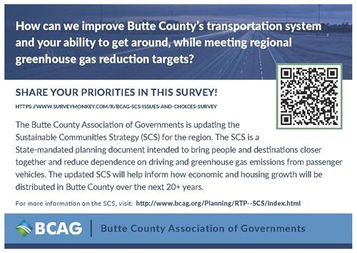 Survey invitation for Butte County's transport and greenhouse gas strategy update, includes a QR code and survey link.