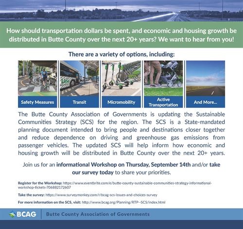 Information on a workshop and survey for Sustainable Communities Strategy updates in Butte County, highlighting transport and housing options.