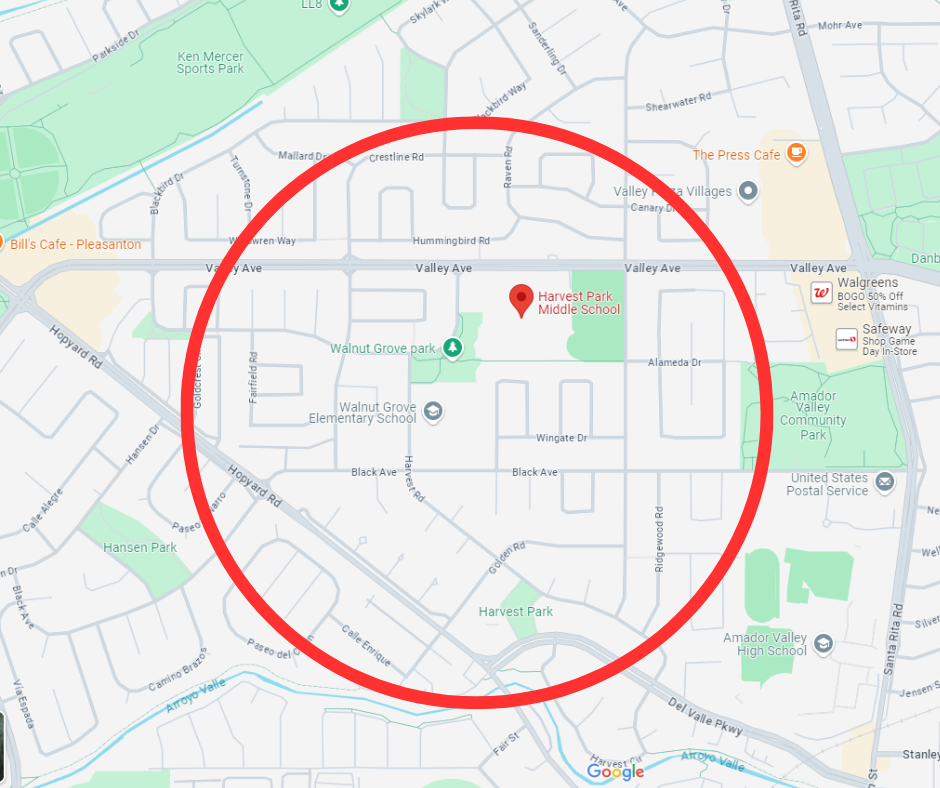 A map with a red circle highlighting an area containing parks, schools, and roads.