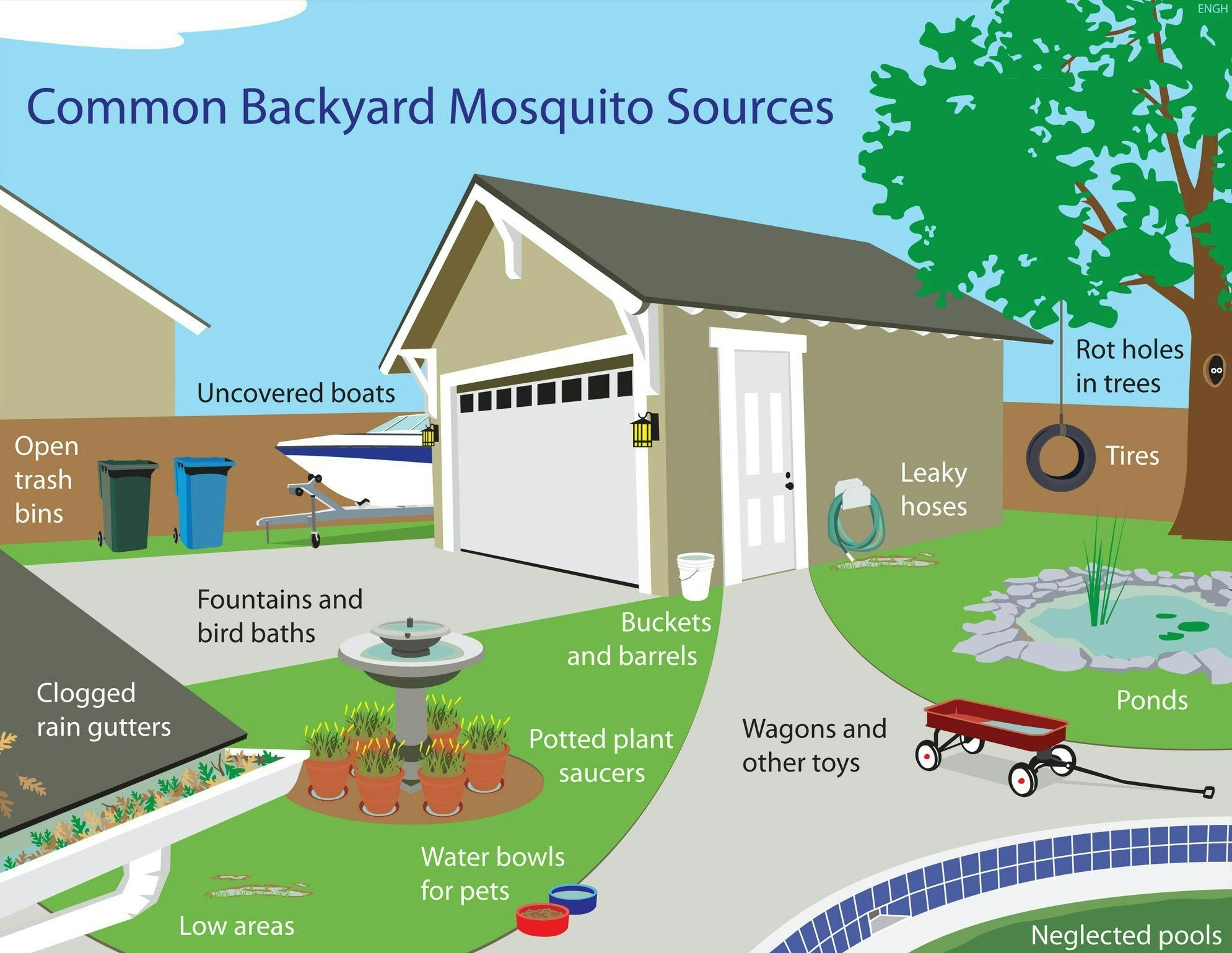 Image showing common backyard mosquito sources: trash bins, boats, fountains, clogged gutters, hoses, toys, tires, ponds, neglected pools.