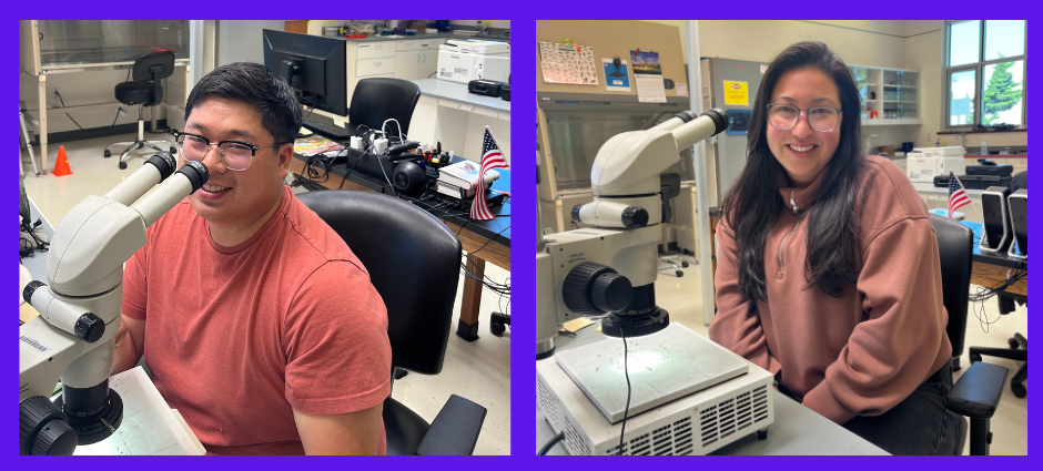 Two people in a lab setting, each sitting at a microscope with small American flags on the desk, smiling at the camera.