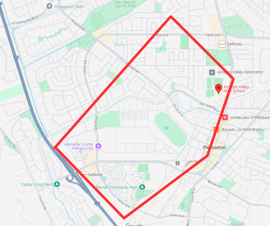 A map featuring a marked area in red lines, highlighting a route or boundary near Alameda County Fairgrounds and Amador Valley High School.