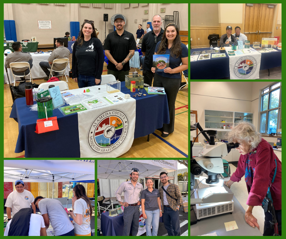 Various people at a mosquito abatement event, featuring educational booths, a microscope, and informational displays.