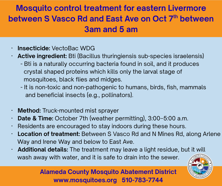 Mosquito control in Livermore on Oct 7, 3-5am. VectoBac WDG used. Stay indoors. More info: www.mosquitoes.org or call 510-783-7744.