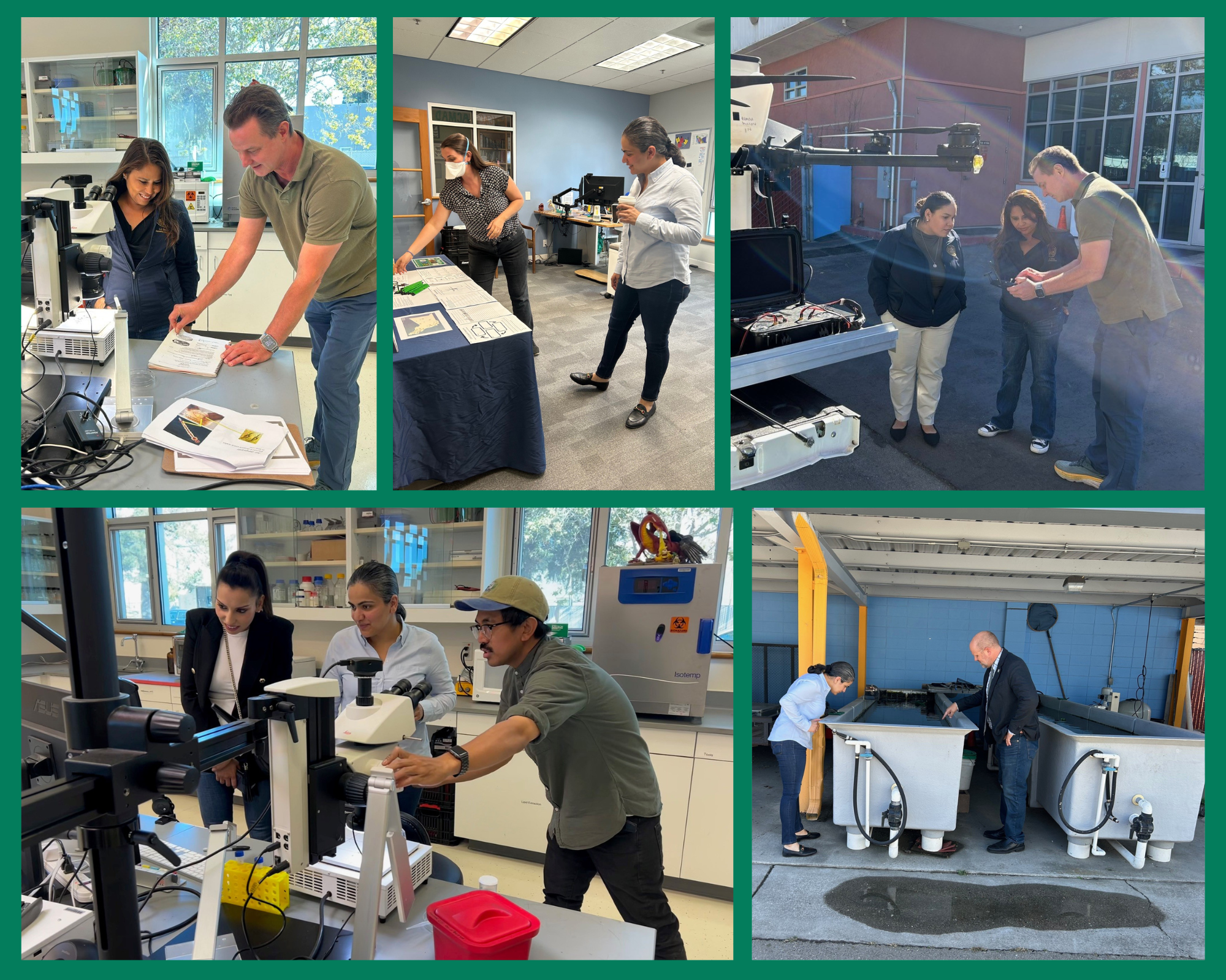 People conducting scientific research and experiments in a lab and outdoor setting.