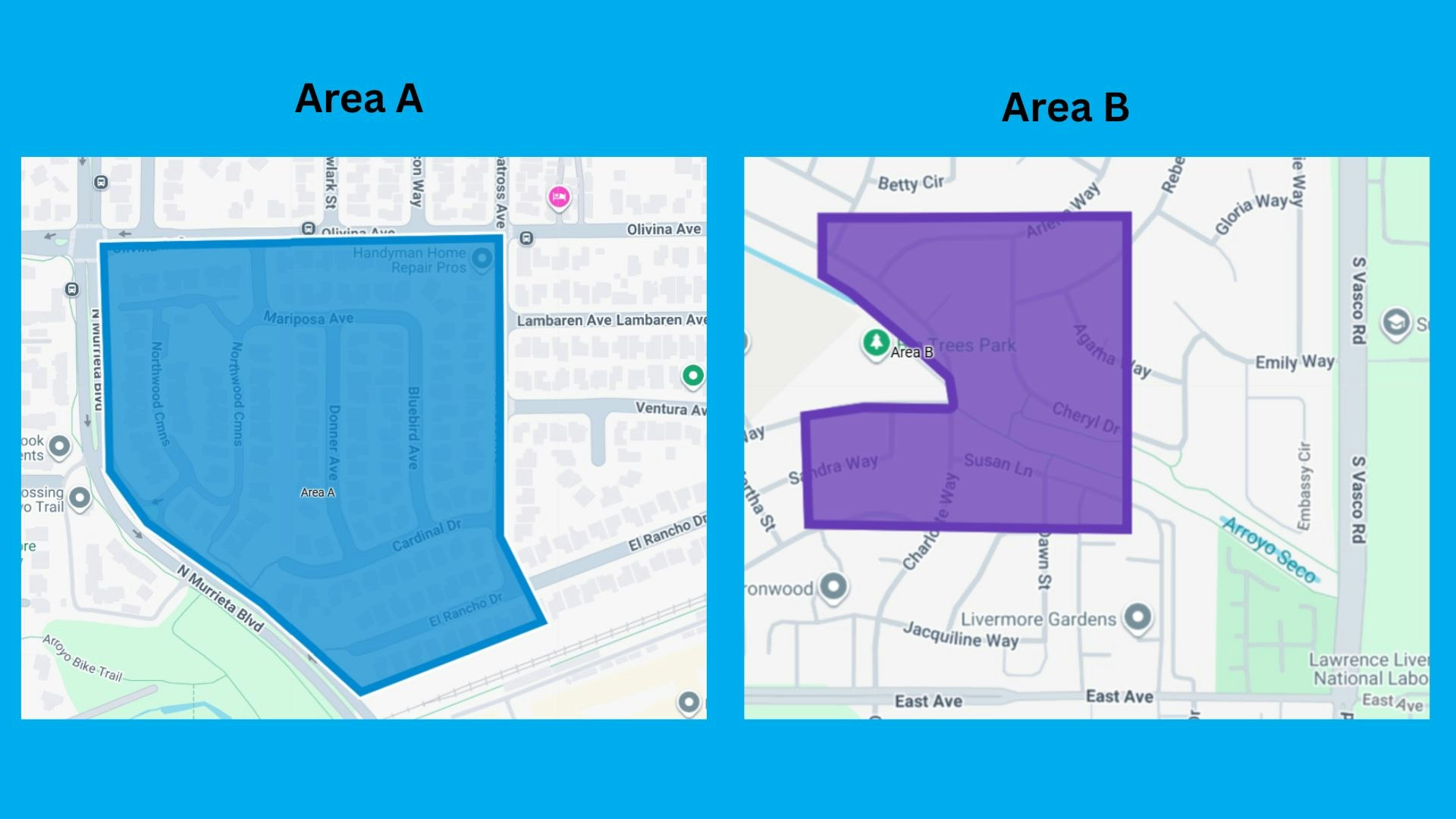 Two highlighted areas on a map: Area A (blue) and Area B (purple), indicating different regions within a city.