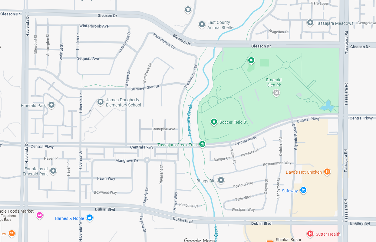 Map showing Emerald Glen Park, James Dougherty Elementary School, Barnes & Noble, and landmarks around Dublin Blvd, CA.
